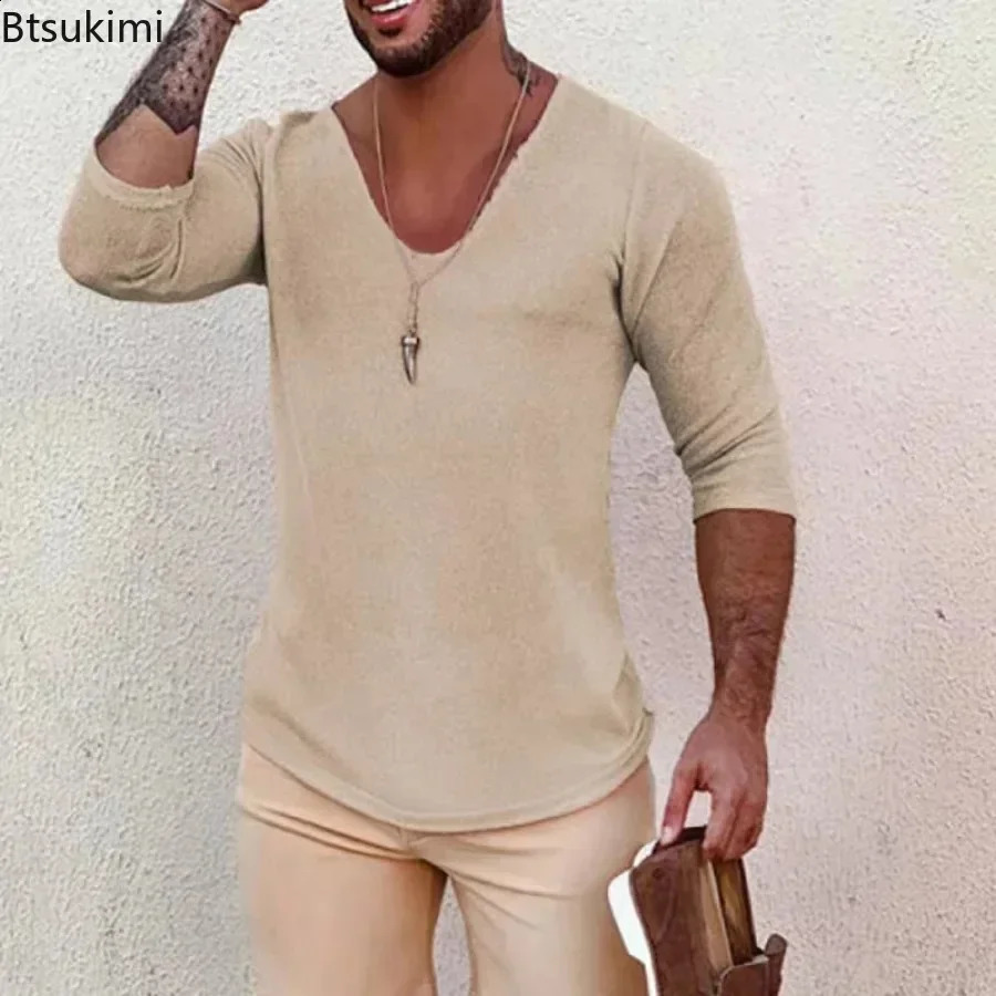 2025 Mens Casual Long Sleeve Kniited Sweaters Thin Style Mens Spring Autumn Clothing Solid V Neck Knitting Pullover Knit Tops 250206