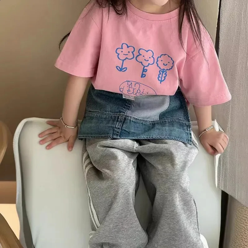 Summer Kids T-shirts cartoon flowers printed short sleeve Girls Tees Little Princess cotton loose Tops 250207