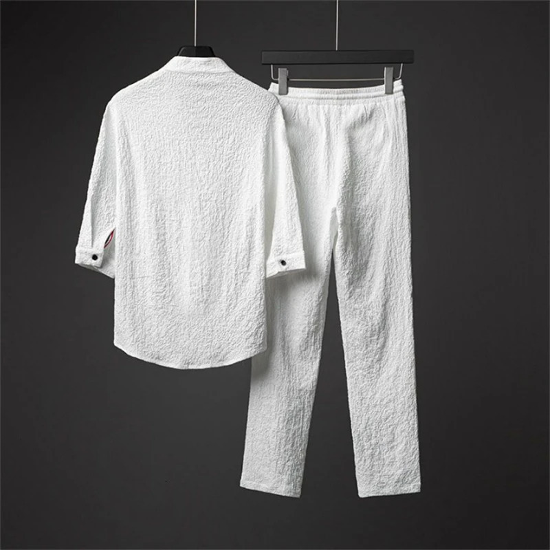 Ice Silk Linen Mens Set Spring Summer 2023 Loose Pullover Tops and Elastic Waist Trousers Sport Suits Men Two Piece Sets 250207