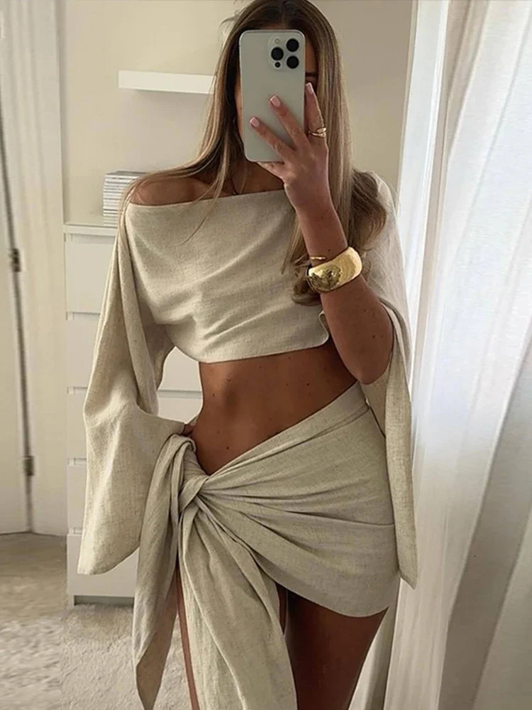 Irregular Skirts 2 Pcs Suits Women Sexy Diagonal Neck Long Flare Sleeve Lady Top Lace Up Short Skirt Chic Summer Beachwear 250206