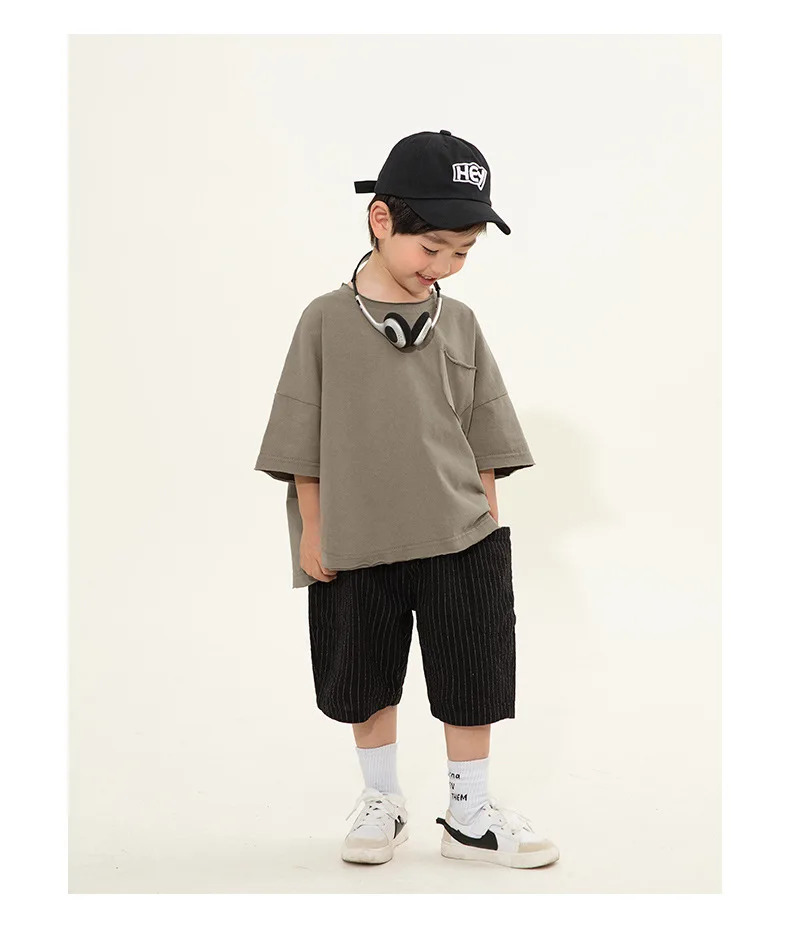T-shirt Childrens Clothing Boys Short Sleeved Summer Korean Burr Edge Solid Color Half Sleeve Tops Round Collar 250207