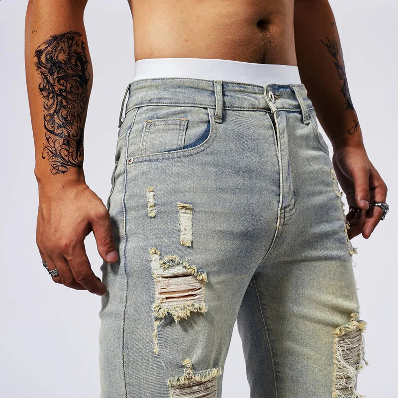 Vintage Denim Shorts Mens American Stretch Slim Jeans Fashion Ripped Streetwear Male Hole Frayed Short Pants Blue Black 250206