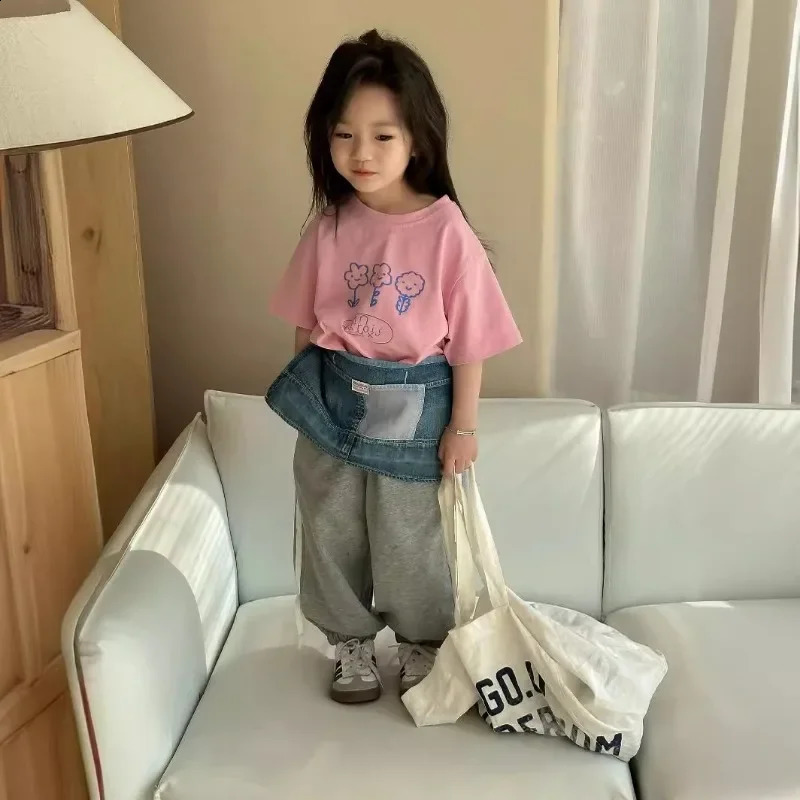 Summer Kids T-shirts cartoon flowers printed short sleeve Girls Tees Little Princess cotton loose Tops 250207