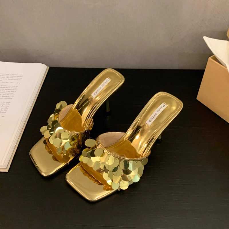 2024 Summer Hot Selling Womens High Heels and Slippers Fiable and Elegant Square Toe Outdoor Versatile Sier Women ShoesXJ250207