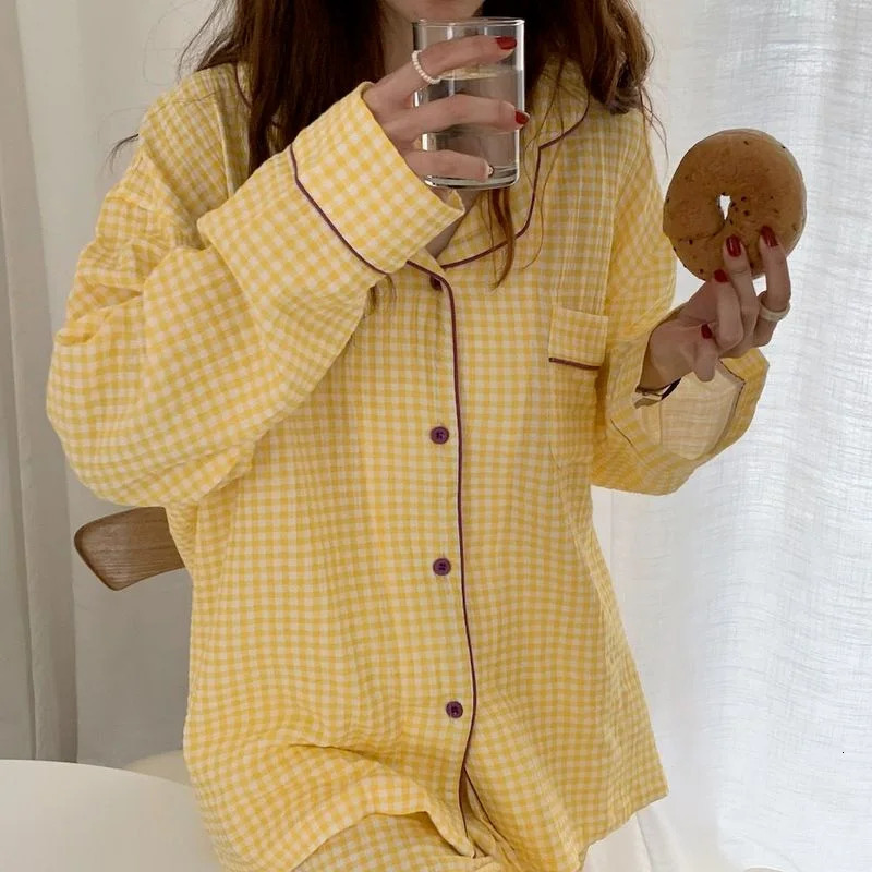 Cotton Womens Pajamas Korean Sleepwear Female 2 Piece Set Pijama Plaid Nightwear Autumn Pyjamas Home Clothes Loungewear 250207