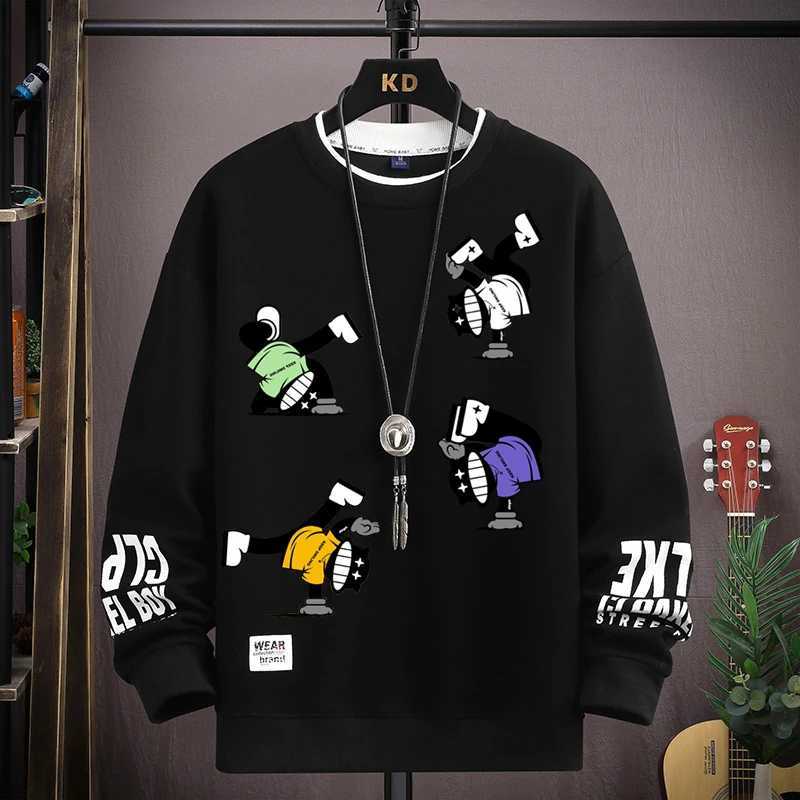 S-5XL Mens Hip Hop Sweatshirts Casual O Neck Harajuku Khaki Top Trendy Cartoon Printed Long Sleeve T-shirt Fashion Mens Clothing W250207