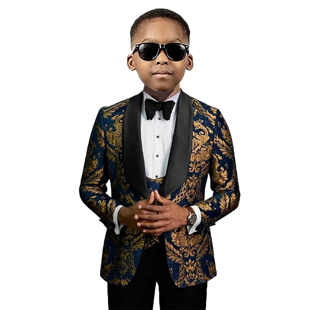 Three Piece Paisley Boys Suit Set Fashion Floral Formal Blazer Vest Pants Kids Tuxedo Stylish Wedding Guest Children Outfit 250114