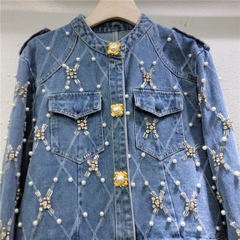 WTHT Trendy Womens Plaid Pearl Diamonds Short Denim Jacket 2025 Spring Fashion O-neck Long Sleeves Coat Female 1LS695 250121