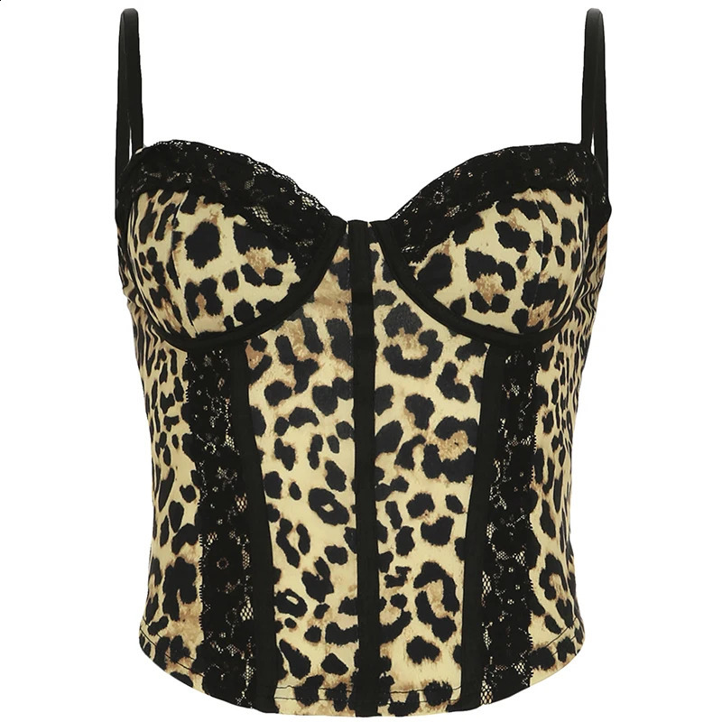 IAMTY Leopard Print Corset Womens Contrast Color Lace Patchwork Crop Tops Coquette Aesthetic Skinny Camisole Vintage Vest 250116