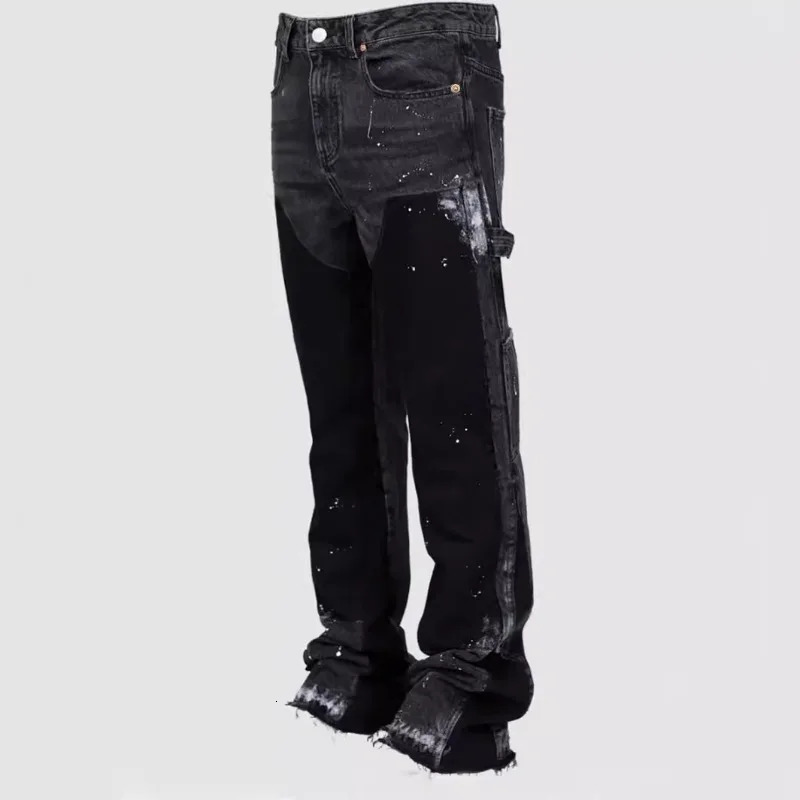 Y2k Jeans Men Painting Patch Baggy Stacked Fashion Work Wear Stretch Denim Flare Pants 250113