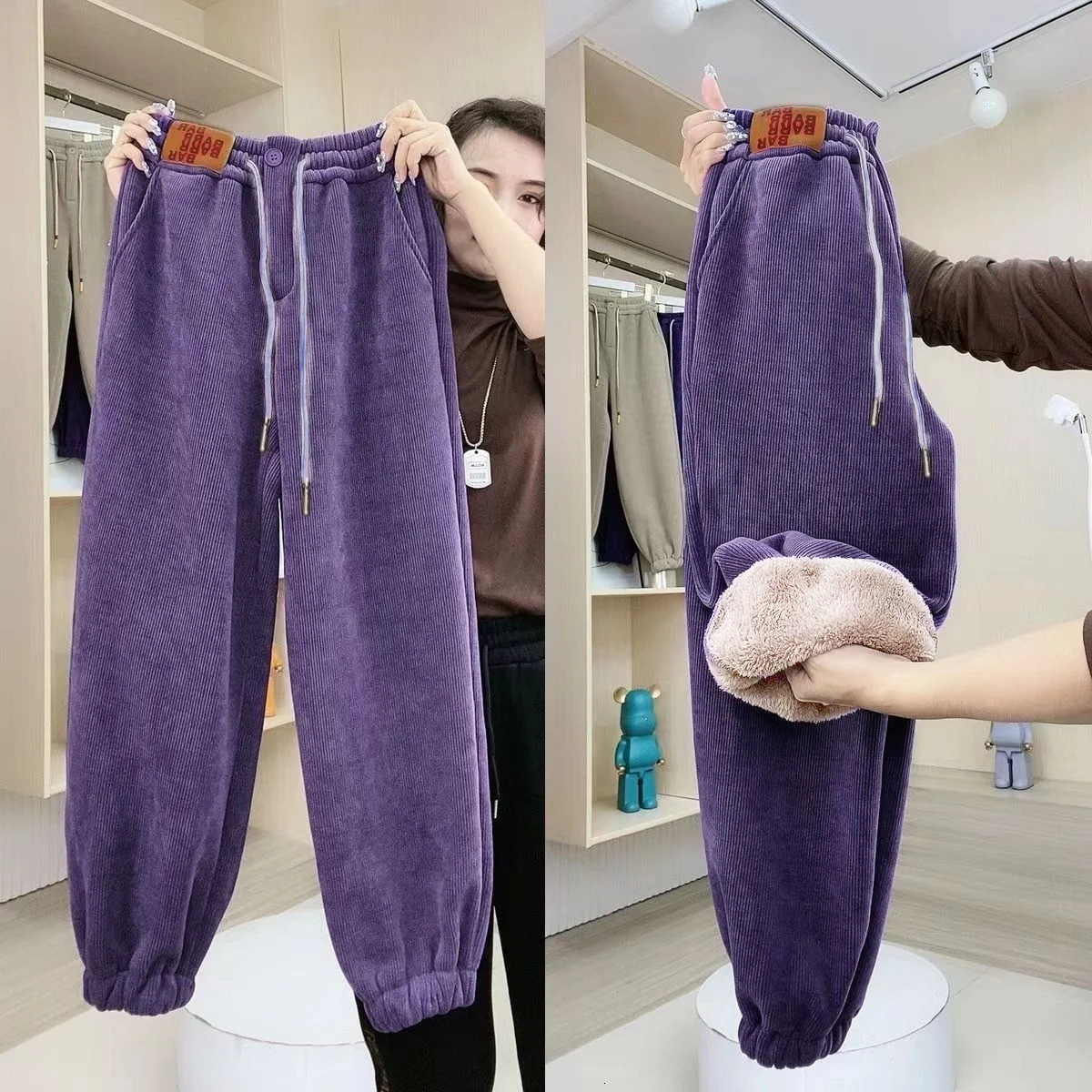 In Winter Plus Size Womens Pants Casual Matching Warm Fleece Trousers Office Lady Vintage Drawstring Pants Chic Sportswear 250207
