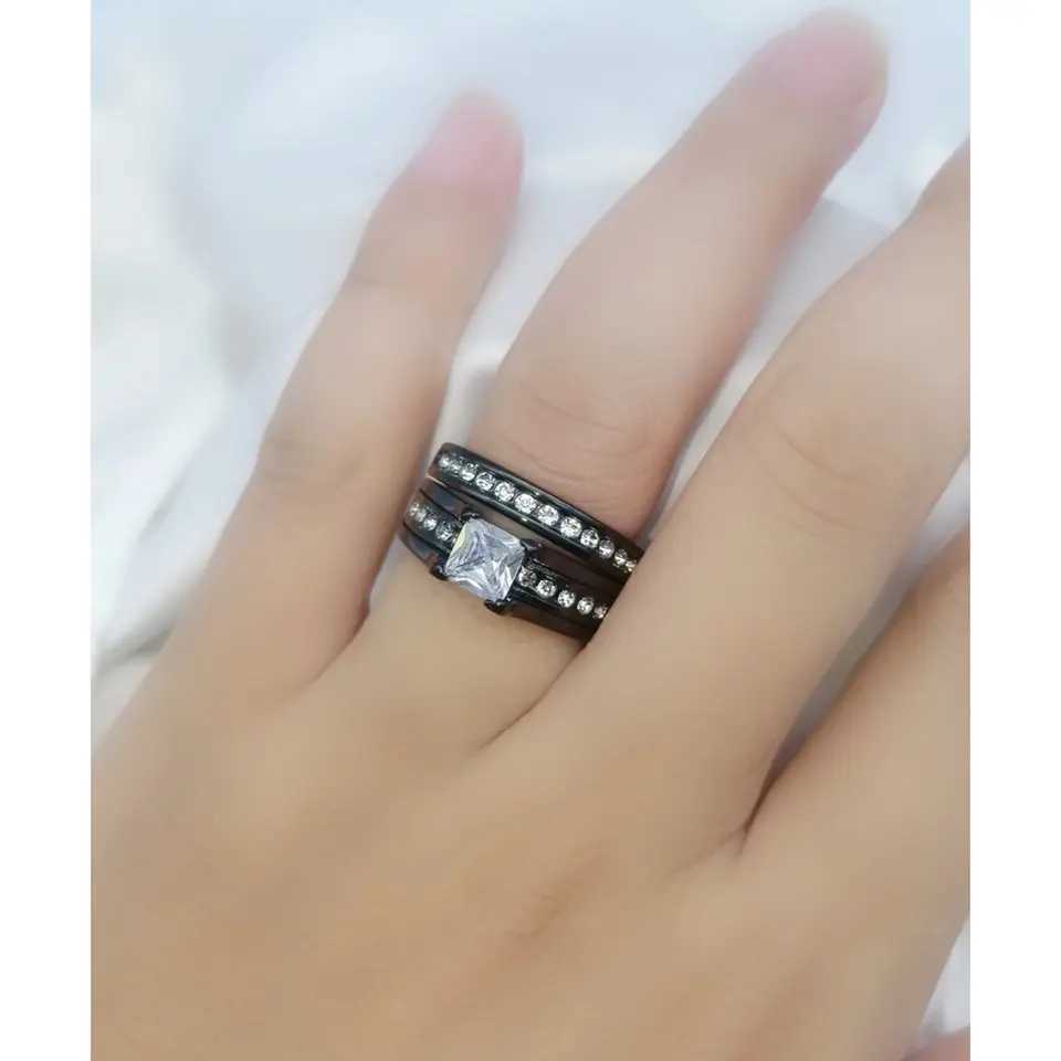 Fashion Couple Rings Romantic White Rhinestones CZ Women Rings Set Simple Mens Stainless Steel Rings For Couple Wedding Jewelry W250207