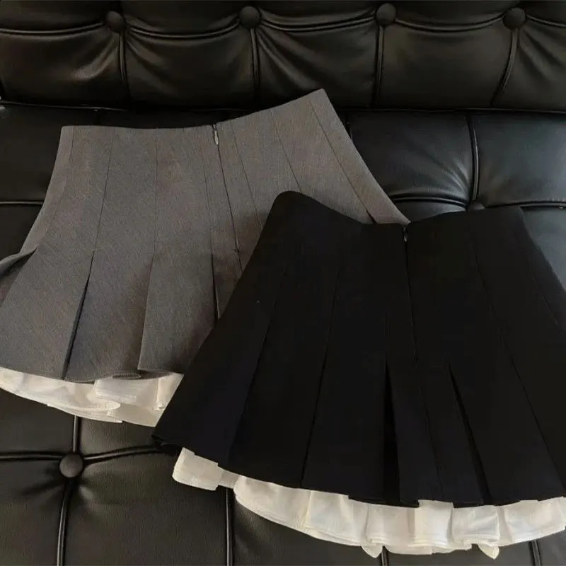 Mooyufon Ruffles Black Mini Skirt Women Korean Patchwork Pleated Skirts Japanese Kawaii High Waist All Match A Line Skirt 250206