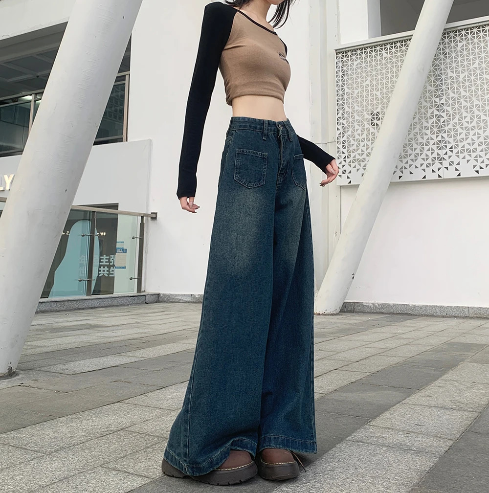 Petite girl 150CM short Hong Kong style retro straight leg jeans women loose slim high waist wide pants xs show height 250206
