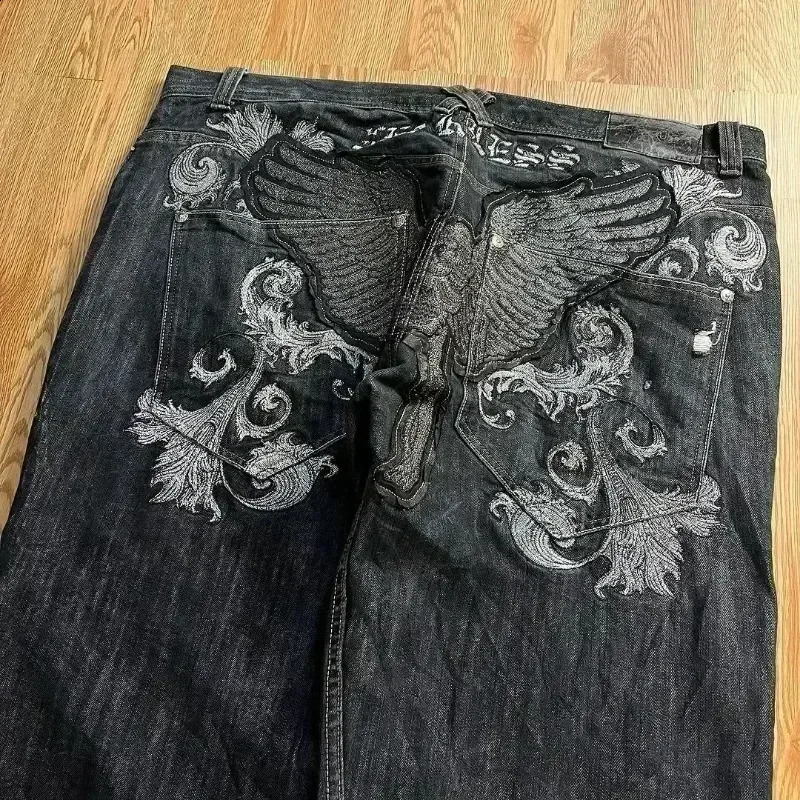 2024 American Retro Skull Wings Embroidered Baggy Jeans Men And Women Y2K Harajuku Hip-hop Gothic Wide Trousers Streetwear 250122