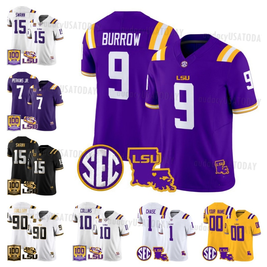 2025 NCAA LSU College Football jersey Tigers 9 Joe Burrow Burreaux Jerseys Garrett Nussmeier Beckham Jr. Will Campbell 100th Tigers Stadium New Football Jerseys