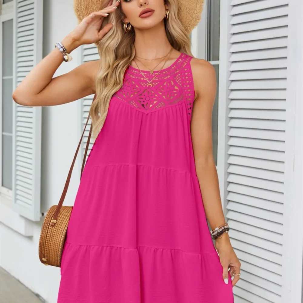 Fashion Sexy Hollow Lace Patchwork Halter Neck Women A Line Dress Summer Casual Solid Color Loose Beach Holiday Fe SundressXJ2500207