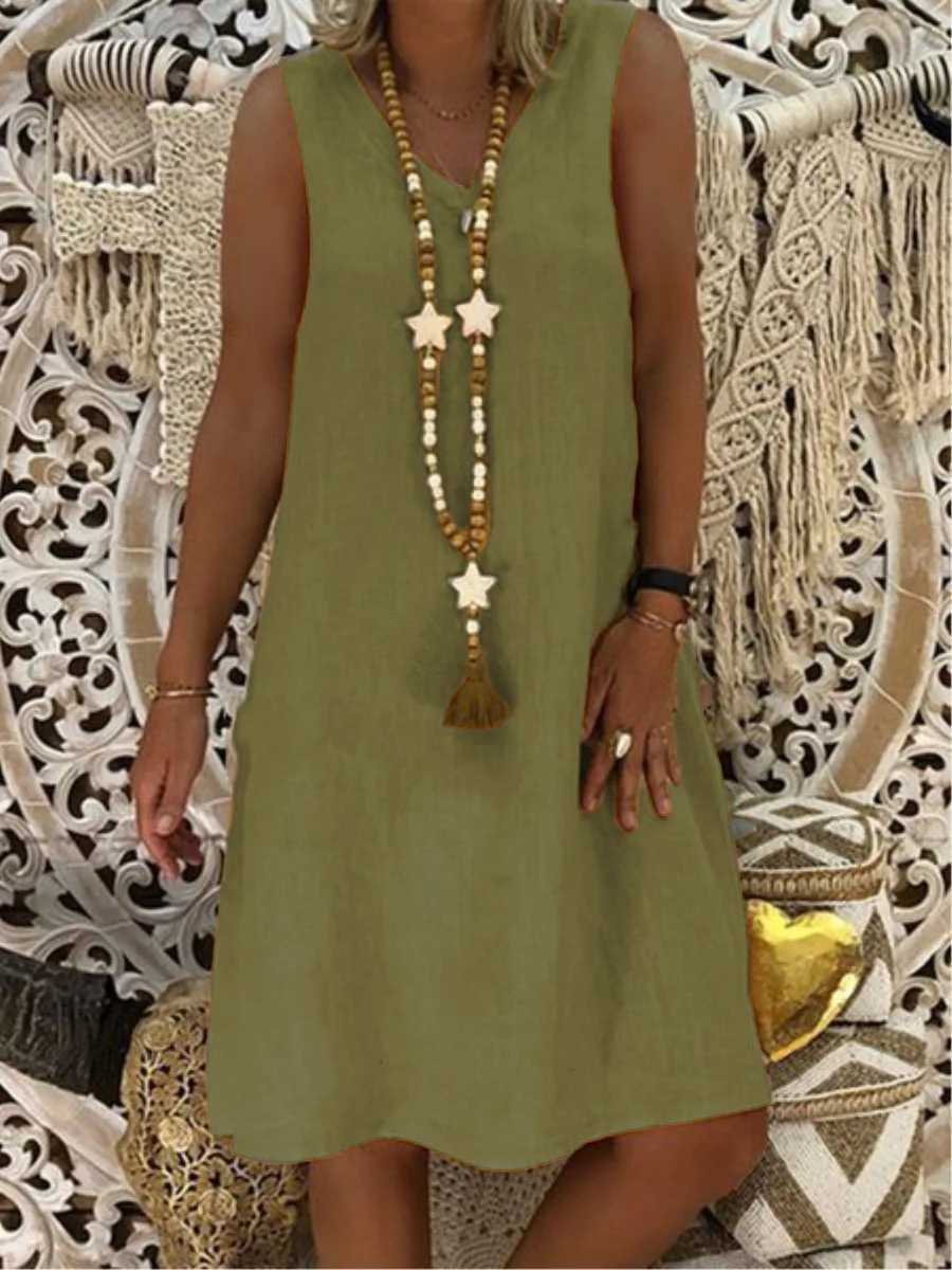 Summer Womens Fashionable Yellow V-neck Sveless Vest Vestidos 2024 Womens Casual Cotton Linen Patchwork Loose Mini DressXJ2500207