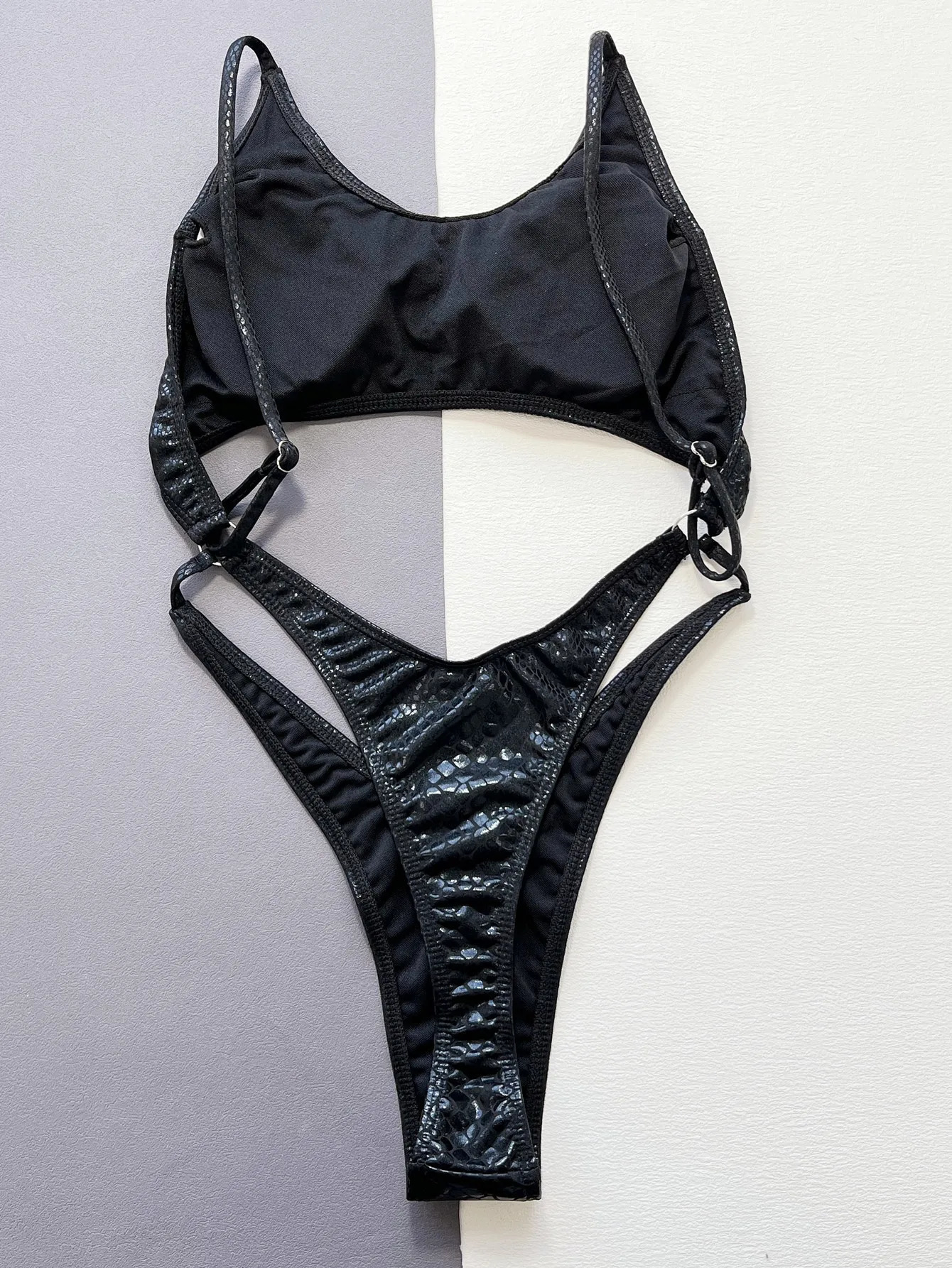 Women black snake print metallic swimsuit one piece hollow backless bikini Swimwear bathing suit beach outfits bodysuit biquini 250207