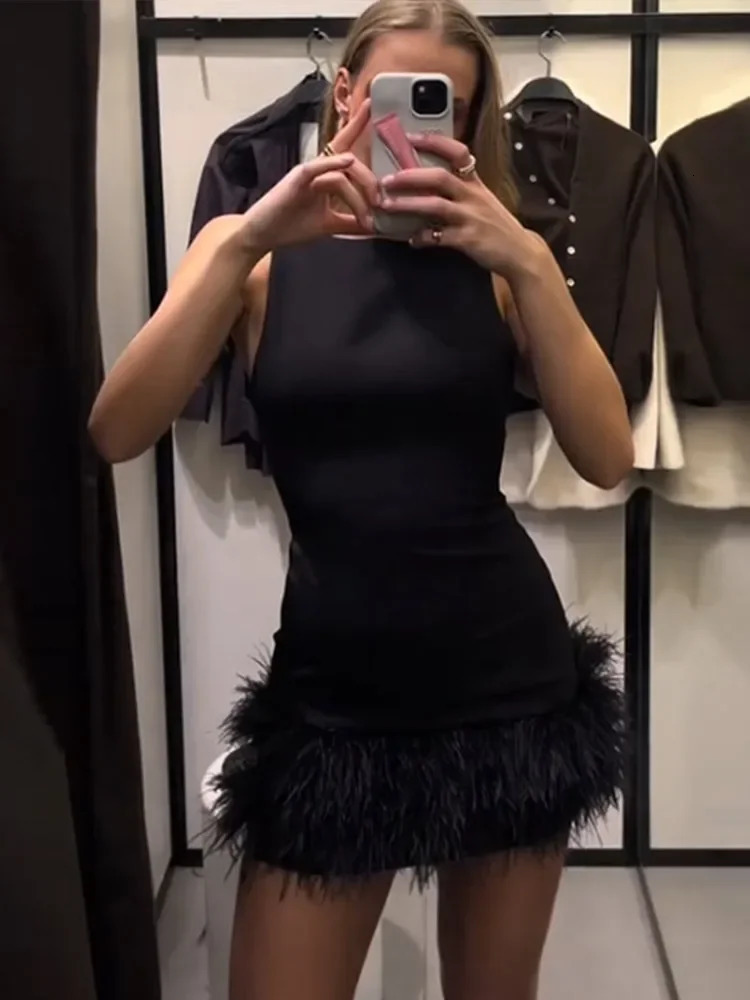 TRAF Black Feather Short Dresses for Women off Shoulder Corset Dres Fashion Sleeveless Dress Woman Evening Womens 250206