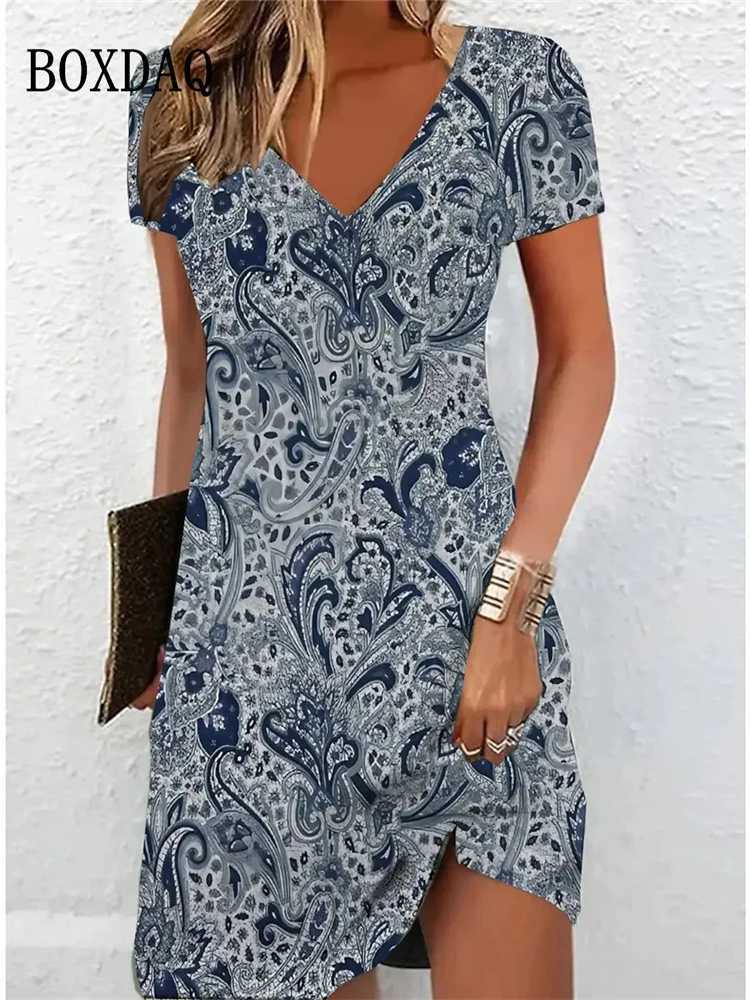 Vintage Women Midi Dresses For 2024 Ethnic Style Floral Print Loose Dress Plus Size Casual Short Sve Pullover V-Neck DressXJ2500207