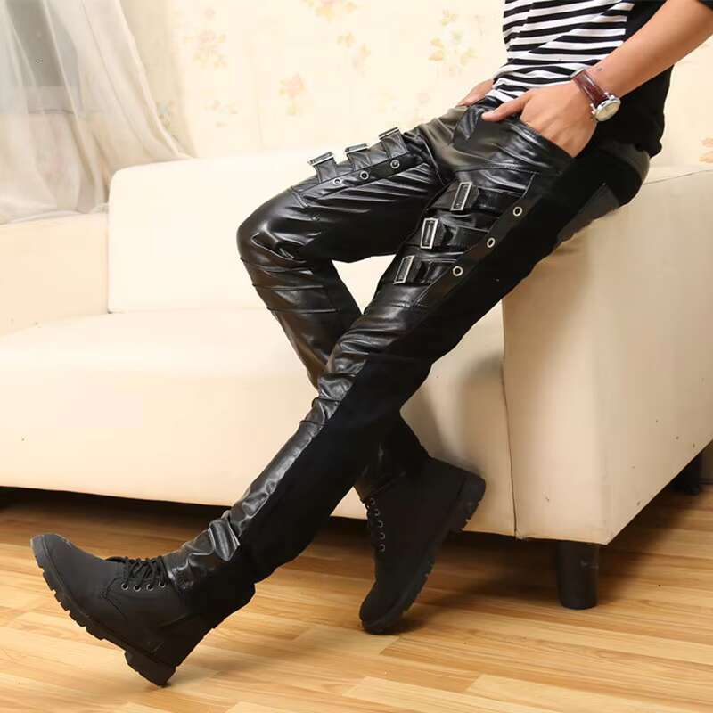 Leather Pants Men's Pu Patchwork Casual Punk Motorcycle Trousers Fashion Buttons Splicing Leather Pants