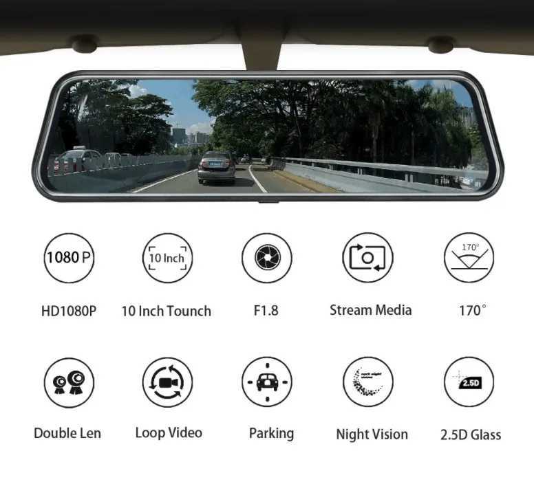 Car DVRs 10 Inches Car Dvr Dash Cam HD 1080P Dual Lens Touch Screen Auto Rearview Mirror Dash Stream Media 170 Front And Rear H250206