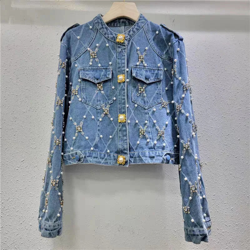 WTHT Trendy Womens Plaid Pearl Diamonds Short Denim Jacket 2025 Spring Fashion O-neck Long Sleeves Coat Female 1LS695 250121
