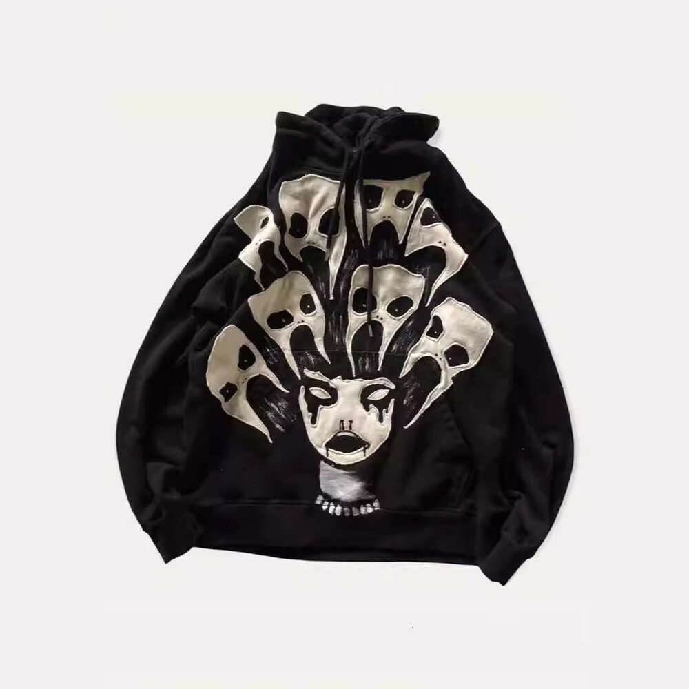 Urban Streetwear Dark Ins Hoodie with Patchwork Embroidery, Oversized Heavyweight Pullover Sweatshirt