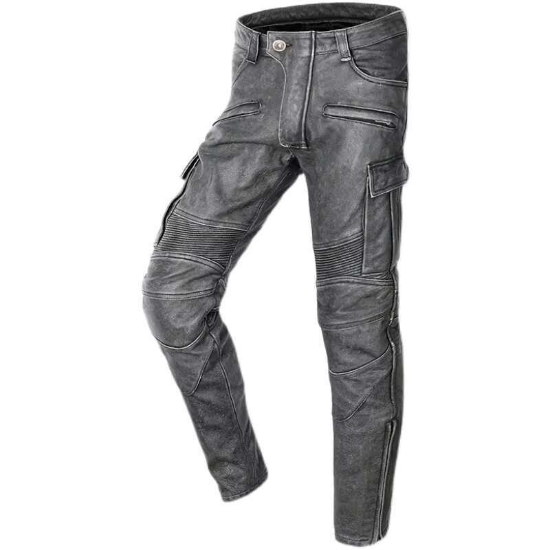 Leather Pants Riding Windproof Retro Motorcycle Vintage Grey Black Leather Trousers Men Thick Natural Cowhide Men's Biker Pants