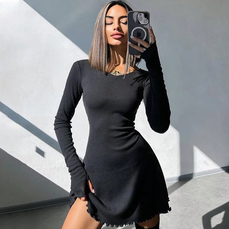 Dulzura Women 2024 Autumn Winter Fashion Long Sleeve Knitted Streetwear Bodycon Short Mini Dress Wholesale Items For Business 250206
