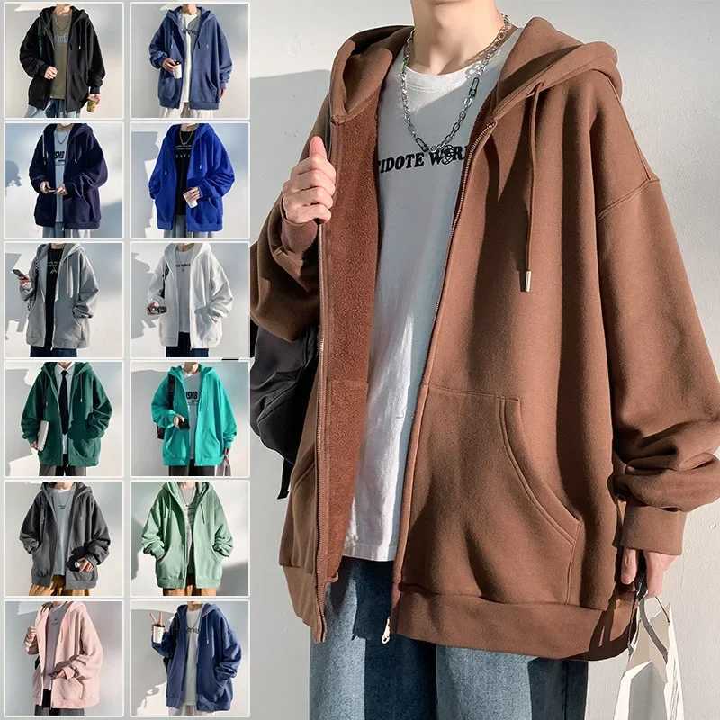 Winter and autumn loose solid color fashionable hooded sweatshirt jacket American style zipper mens cardigan W250207