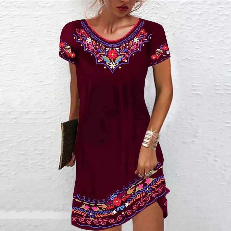 Vintage Ele Ethnic Print Dress Women V-Neck Short Sve Casual Dresses Oversized 6XL Summer New Beach Holiday Mini DressXJ2500207