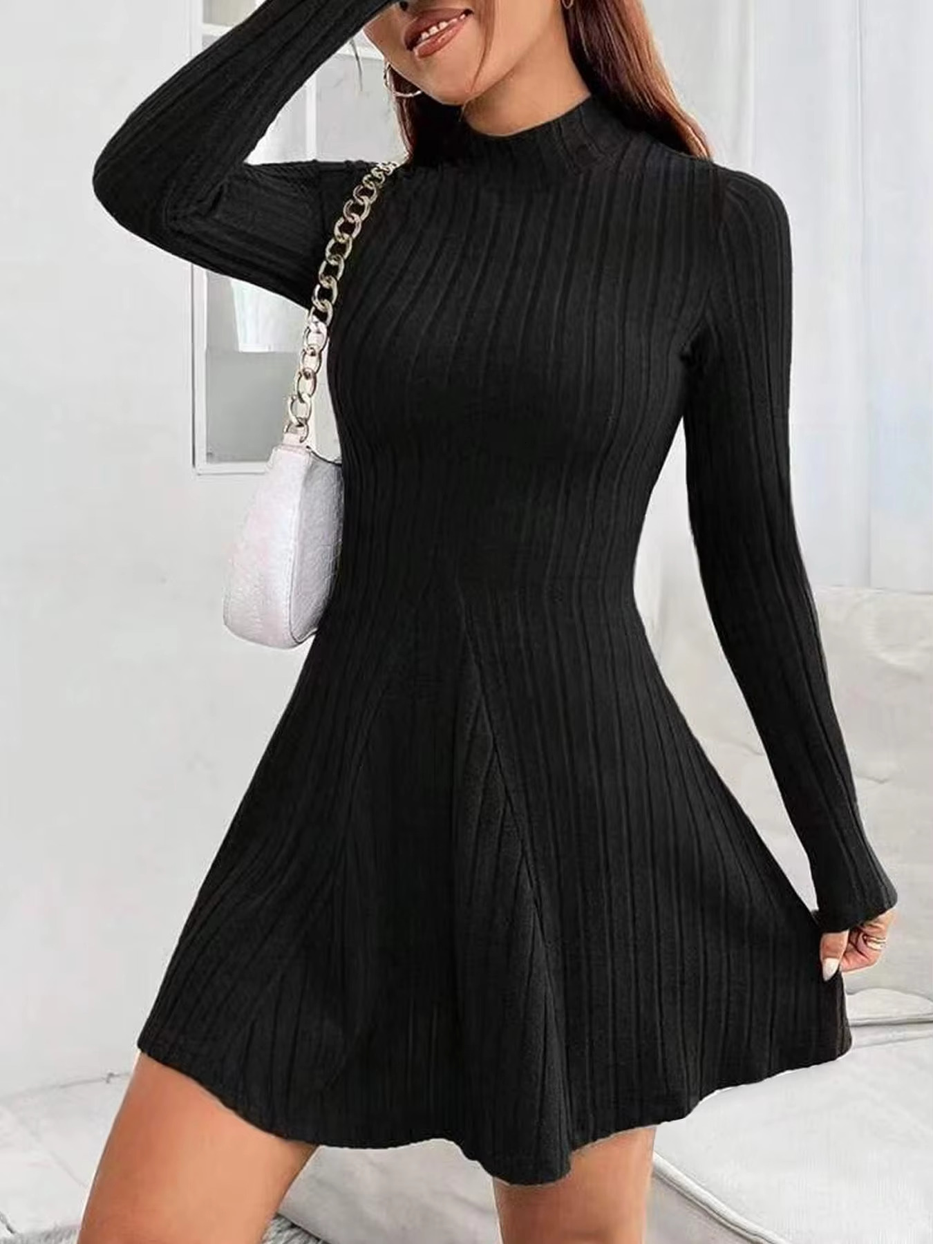 Women's Slim Fit Half High Collar Waist Cinched A-E Skirt Long Sleeved Pit Stripe Dress
