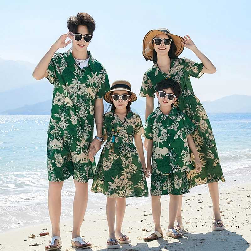 Summer Beach Family Matching Outfits Mum Daughter Dresses Holiday Seaside Dad Son Floral Shirts/T-shirt+Shorts Couple Clothes W250207