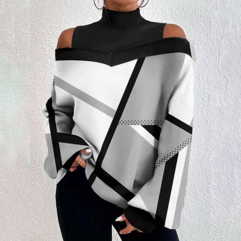 Spring Fall Shoulder Design Women's Lantern Sleeve Printed Top 2024 New Casual Versatile Fashion Clothing