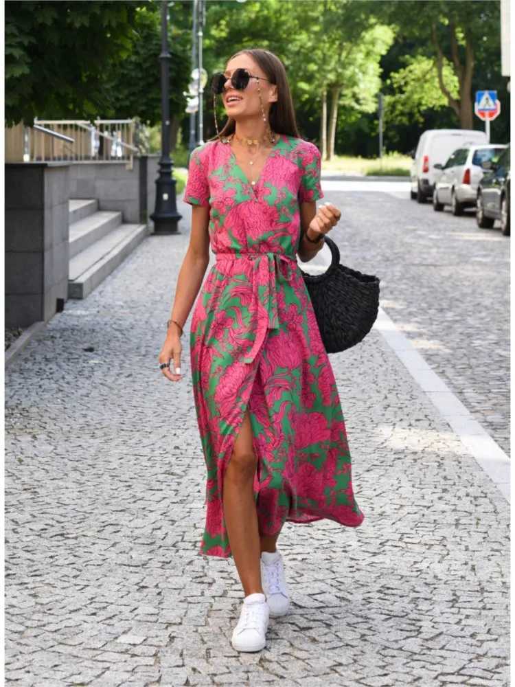 Women Floral Print Long Dresses Summer Sexy V Neck Split Lace-up Dress Fe Casual Ele Short Sve Beach Dress VestidosXJ2500207
