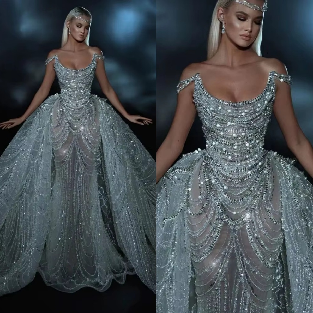 Mermaid Wedding Dress Off Shoulder Sleeveless Bridal Gown Sequins Beaded Detachable Train Custom Made 2024