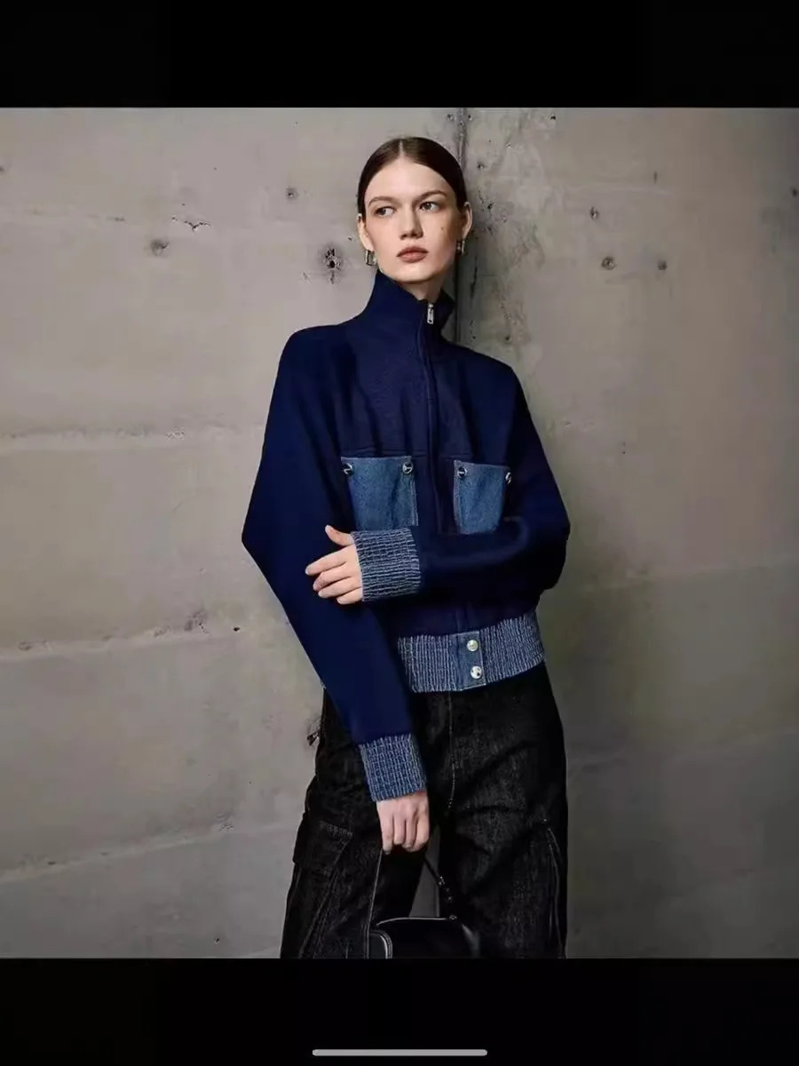 French Patchwork Pocket Denim Women Coat Elegant High Quality Zip-up Lapel Jacket Vintage Fashion Knit Tops Female Clothing 250121