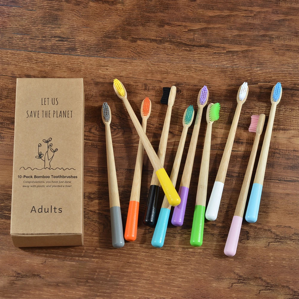 Adults 10Pack Mix Toothbrushes Bamboo Toothbrush Eco Friendly Tooth Brush Nylon Bristle Adults Oral Care Elliptical Toothbrush 250206