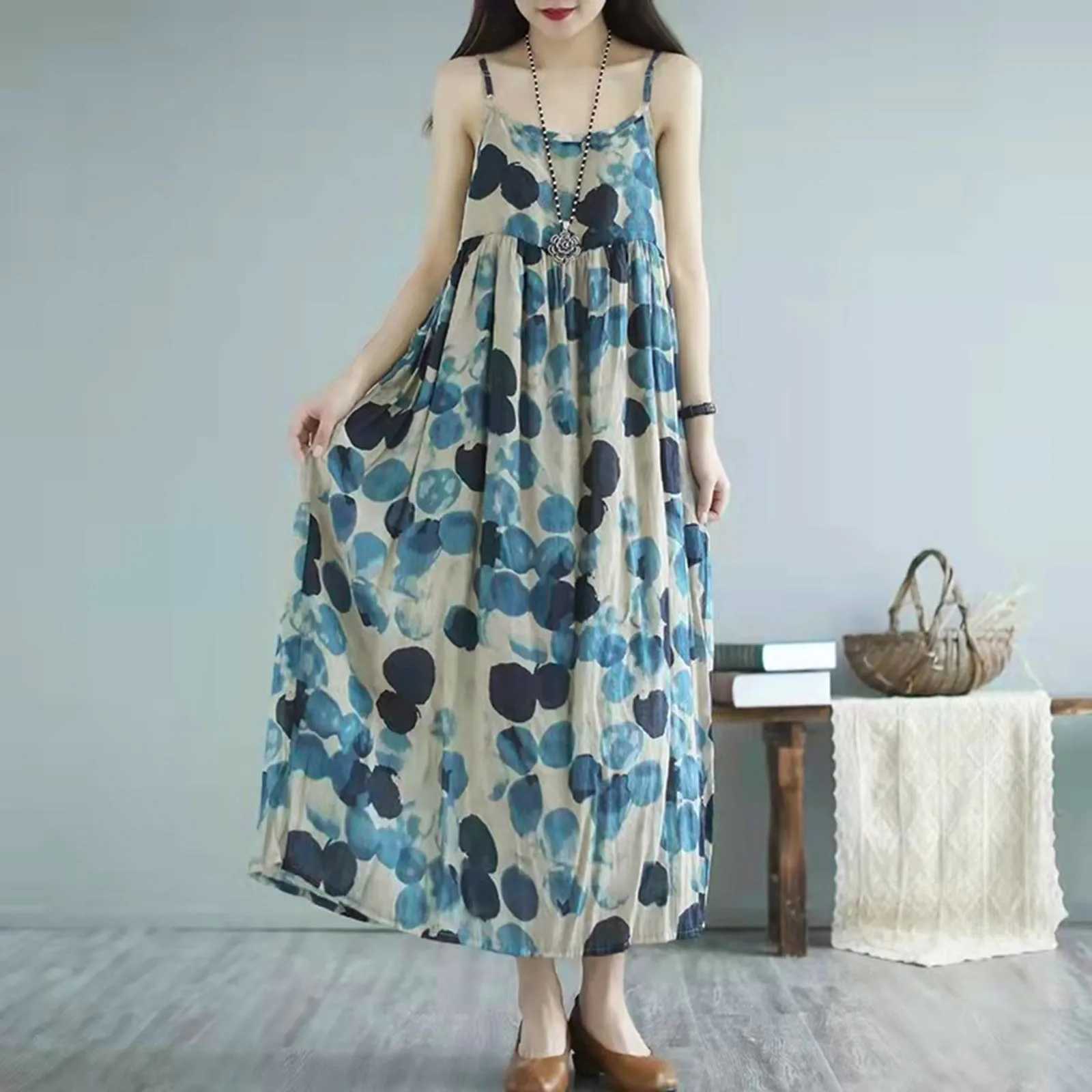 Lady Spaghetti Strap Dress Summer Sdging Polka Dot Big Swing Temperament Ele Thin Artistic Long Strap Lined Midi DressXJ2500207