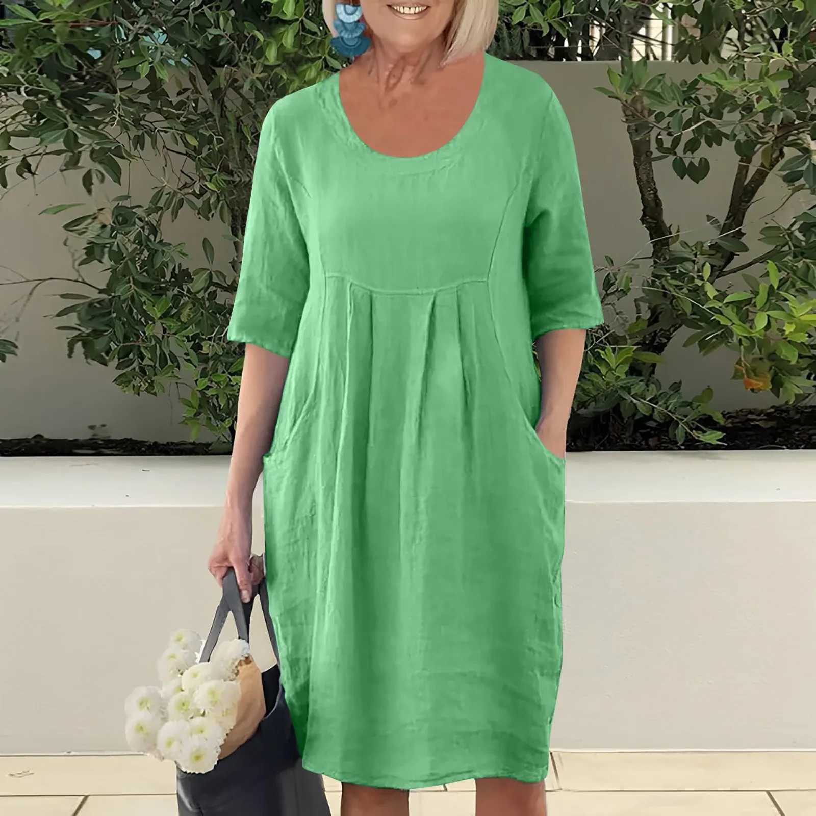 Dresses For Girls 2024 Summer For Women Ele Solid Color Cotton Linen Pockets Tunic Midi Dress Loose Vestidos Verano ModaXJ2500207