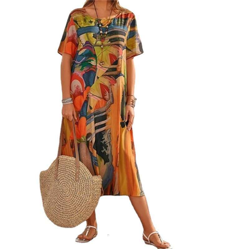 European and American printed dress summer short sleeved loose round neck wide skirt 2024 new casual fashion trend clothing