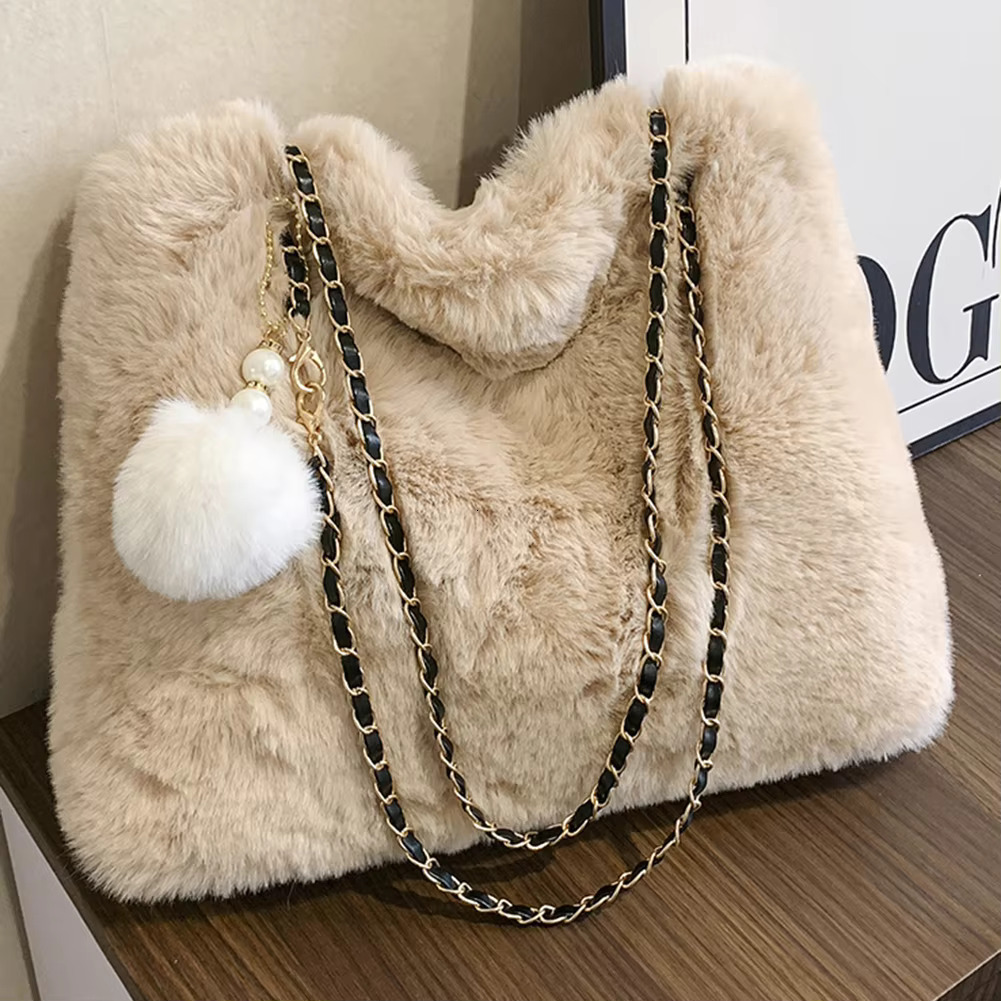 Women Fluffy Crosssbody Soft Plush Satchel Faux Fur With Pendant Large Capacity Female Fashion Travel Bag Polyester Cartoon