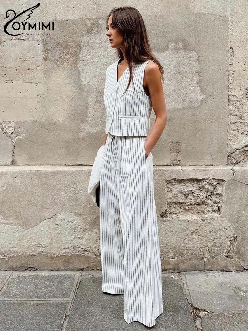 Oymimi Elegant White Print Two Piece Set For Women Fashion VNeck Sleeveless Button Tank Tops High Waist Straight Trousers 250206