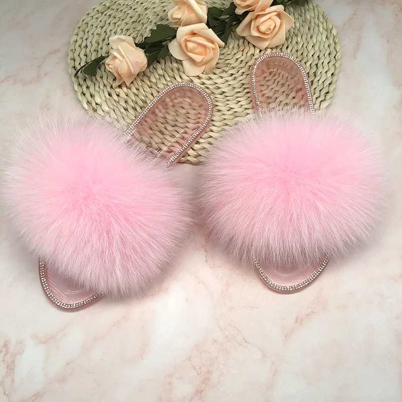 Summer Jelly Shoes Plush Fur Slippers Women Real Fox Fur Slides Outdoor Flat Sandals Big Size Shoes For Women Flip FlopsXJ250207