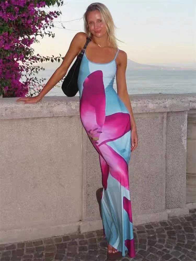 Sexy Party Maxi Dress For Women Summer Fashion Print Sveless Backless Bodycon Simple Dresses Casual Club Ele Strap DressXJ2500207
