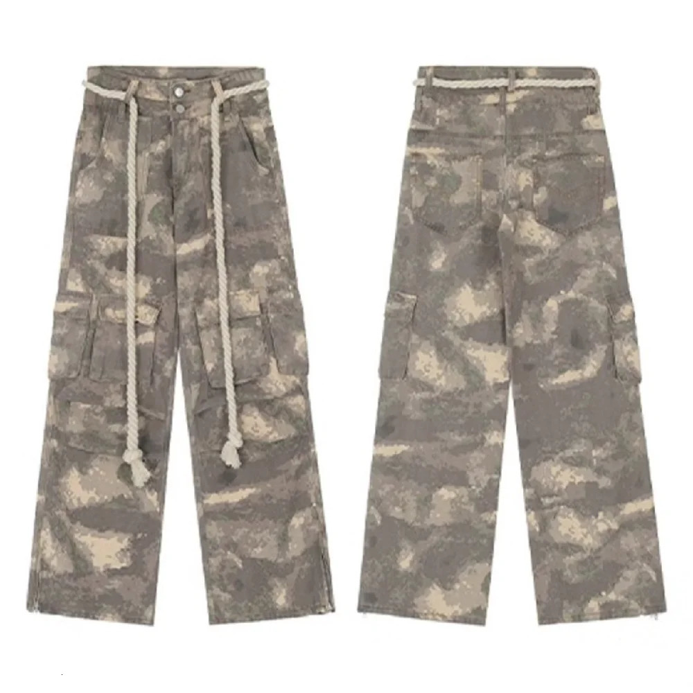 Autumn Camouflage Overalls men Clothing Cotton Drawstring Casual Baggy Pants Loose Wide-Leg Trousers Pantalones y2k homme 250206
