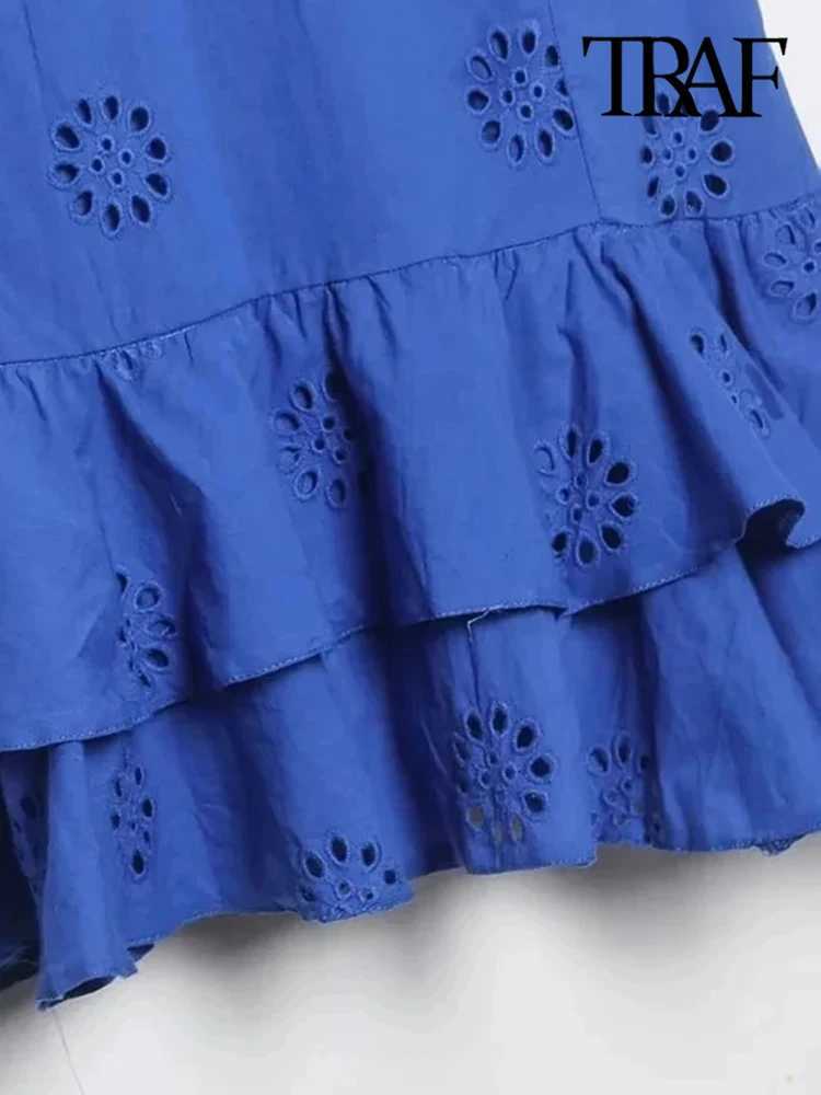 TR Women Fashion With Ruffled Cutwork Embroidery Mini Dress Vintage Backless Elastic Thin Straps Fe Dresses VestidosXJ2500207