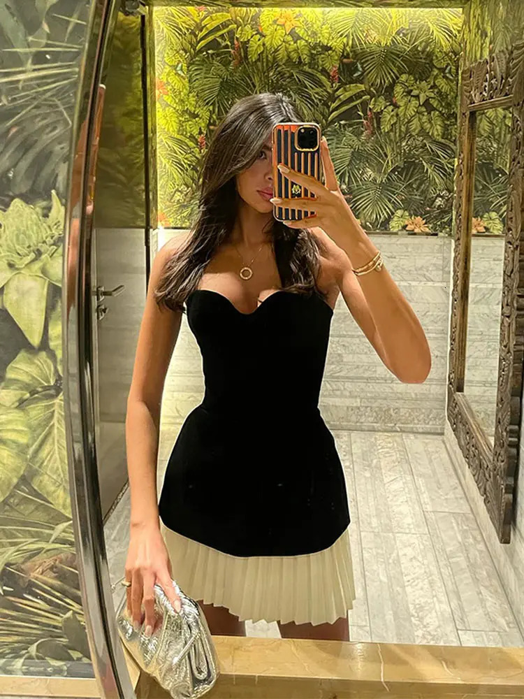 Elegant Velvet Strapless Mini Dress For Women Y2k Sleeveless Backless Patchwork Short Pleated Female Evening Part Dresses 250206